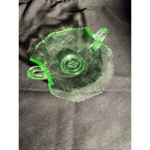 Vintage Green Uranium Glass Strawberry Embossed Candy Dish 6.5” X 7”